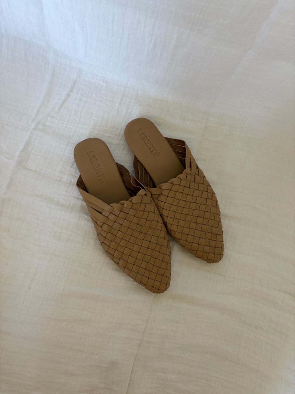 Woven Pointed-Toe Mules in Tan